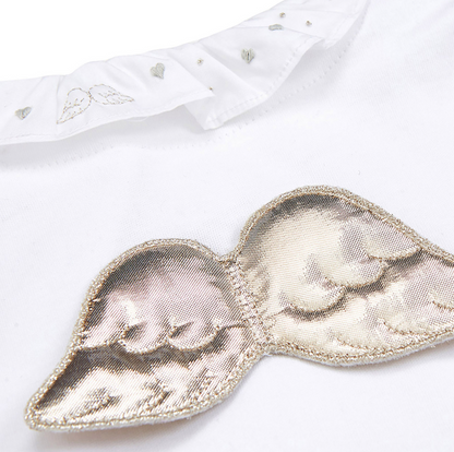 Baby white sleepsuit with ruffled collar embroidered with silver hearts and angle wings, silver angel wings on the back