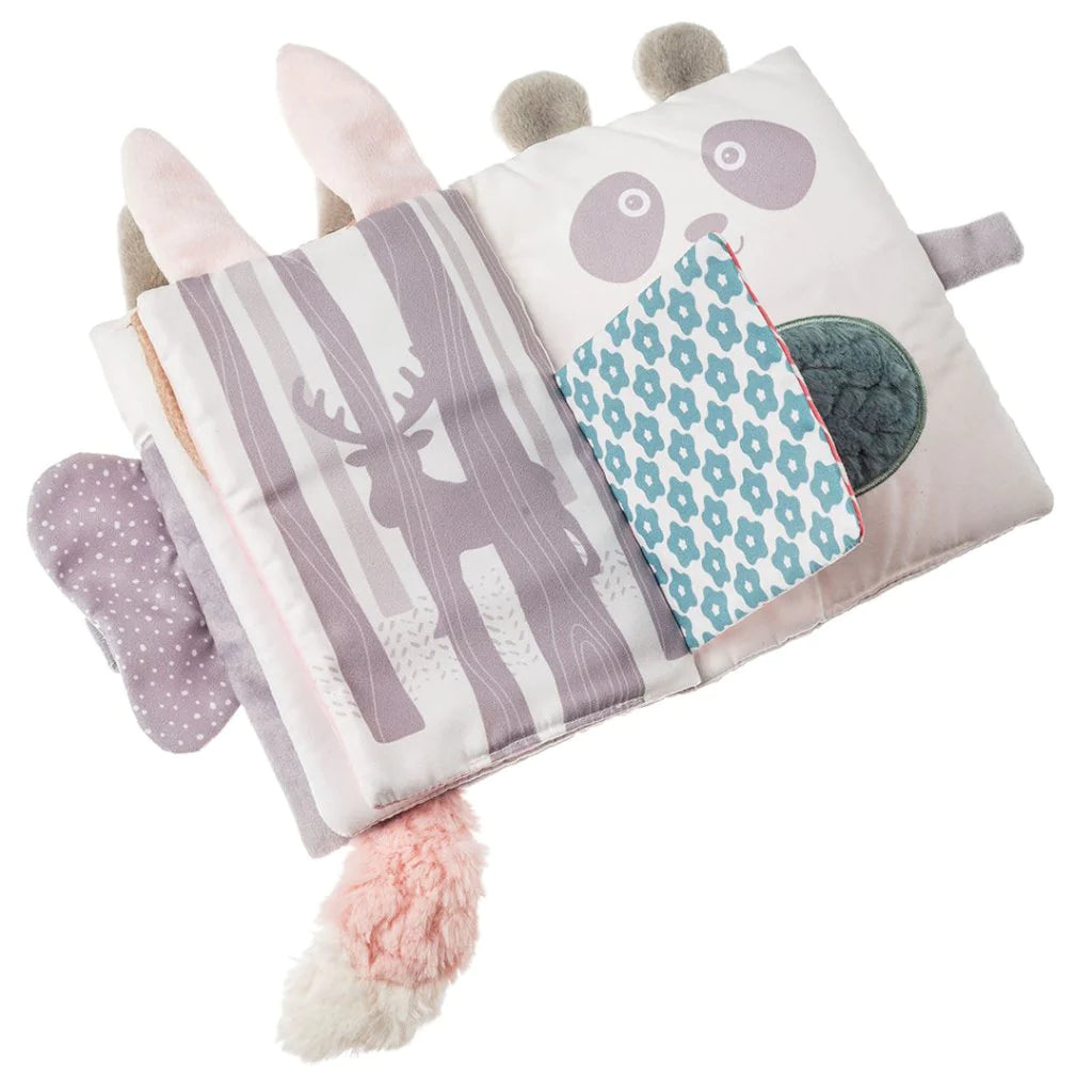 Pink and white soft sensory baby book with a foxes tale and ears