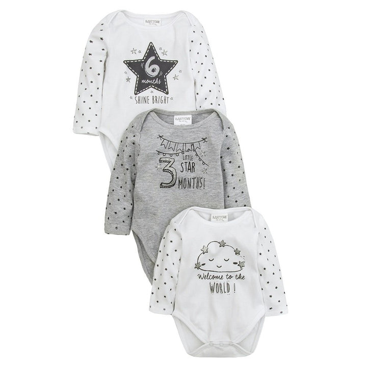 3 milestone baby vests in white and grey 