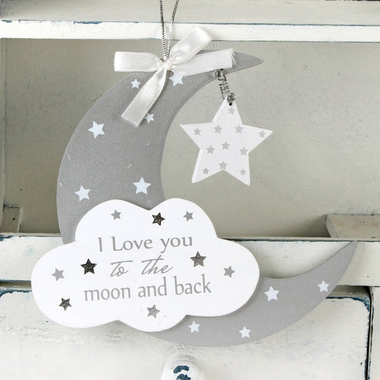 grey and white hanging plaque 'I love you to the moon and back.