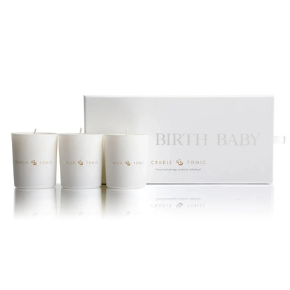 3 candles for motherhood in a white giftbox with ribbon tab