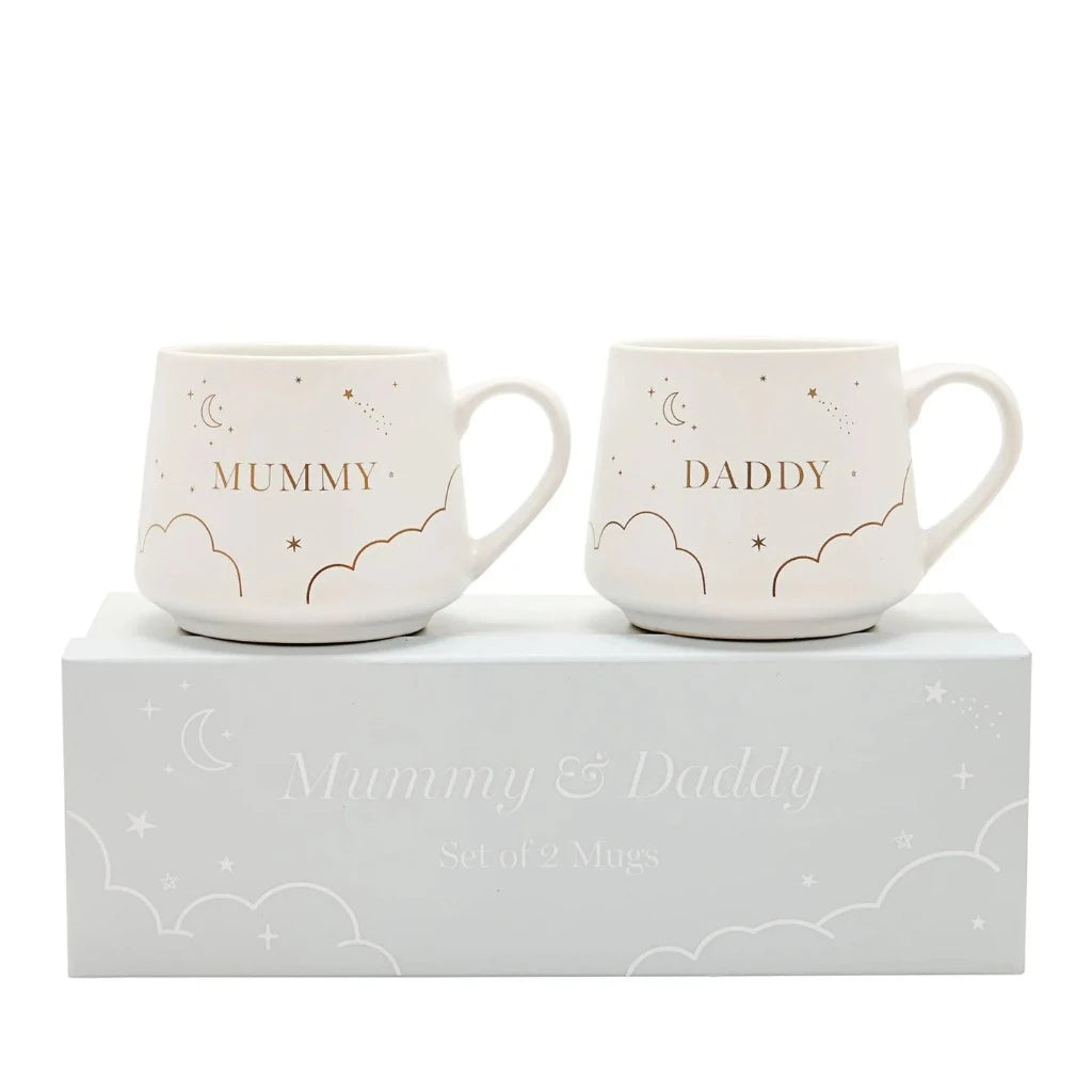 boxed set of mummy and daddy mugs in white with gold writing