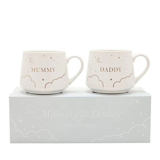 boxed set of mummy and daddy mugs in white with gold writing