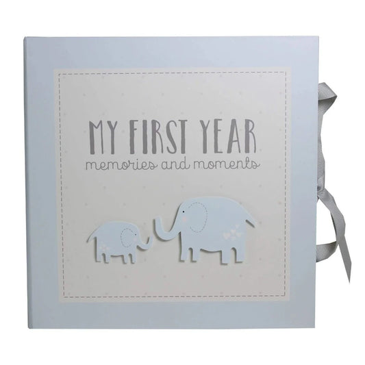 baby boy journal with blue elephant cover and ribbon tie