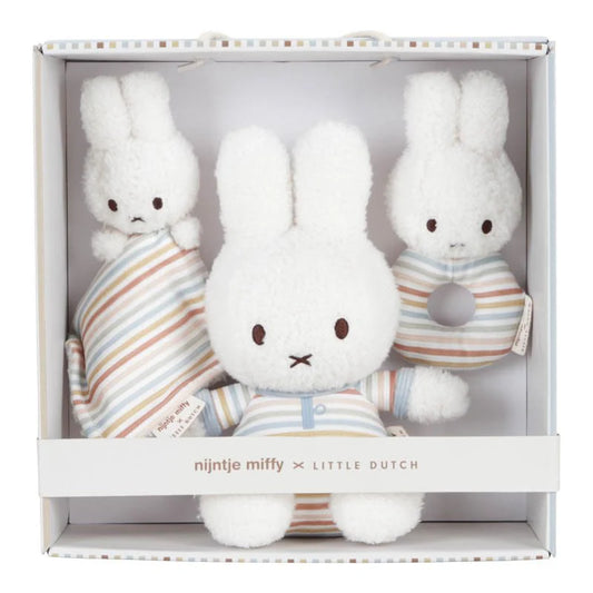 Gift boxed Miffy set includes white Miffy with striped clothing, Matching Miffy comforter and Miffy soft rattle