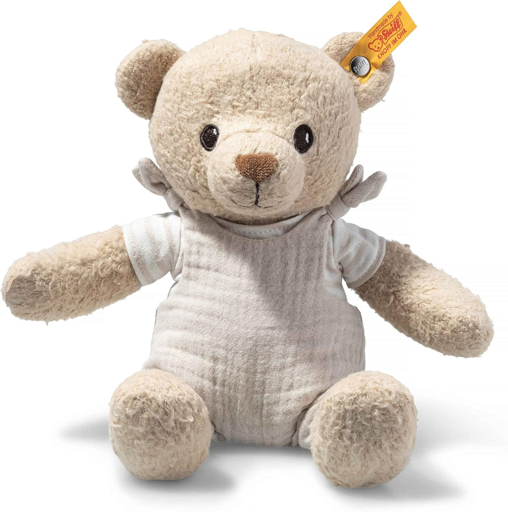 organic baby hamper with cream and black leopard prink knitted romper and  cardigan and matching hat in organic cotton, organic cotton cream blanket, organic steiff teddy, organic toiletries , organic black and white muslins and wooden sutainable hairbrush