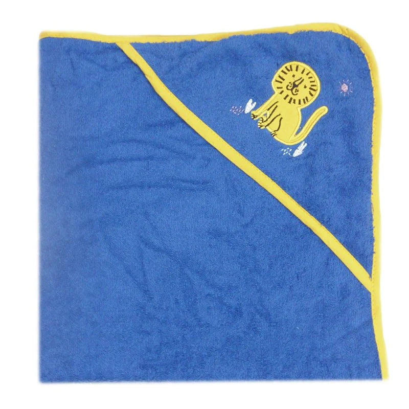 Blue organic hooded baby towel with yellow edging and yellow lion