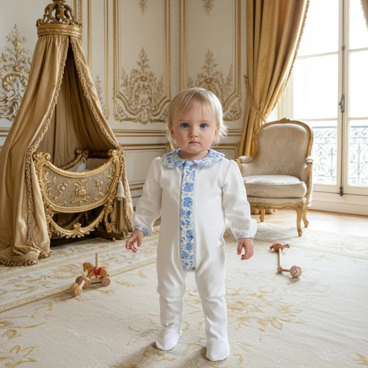 BABY ORGANIC SLEEPSUIT IN WHITE WITH BLYE FLORAL COLLAR AND CUFFS