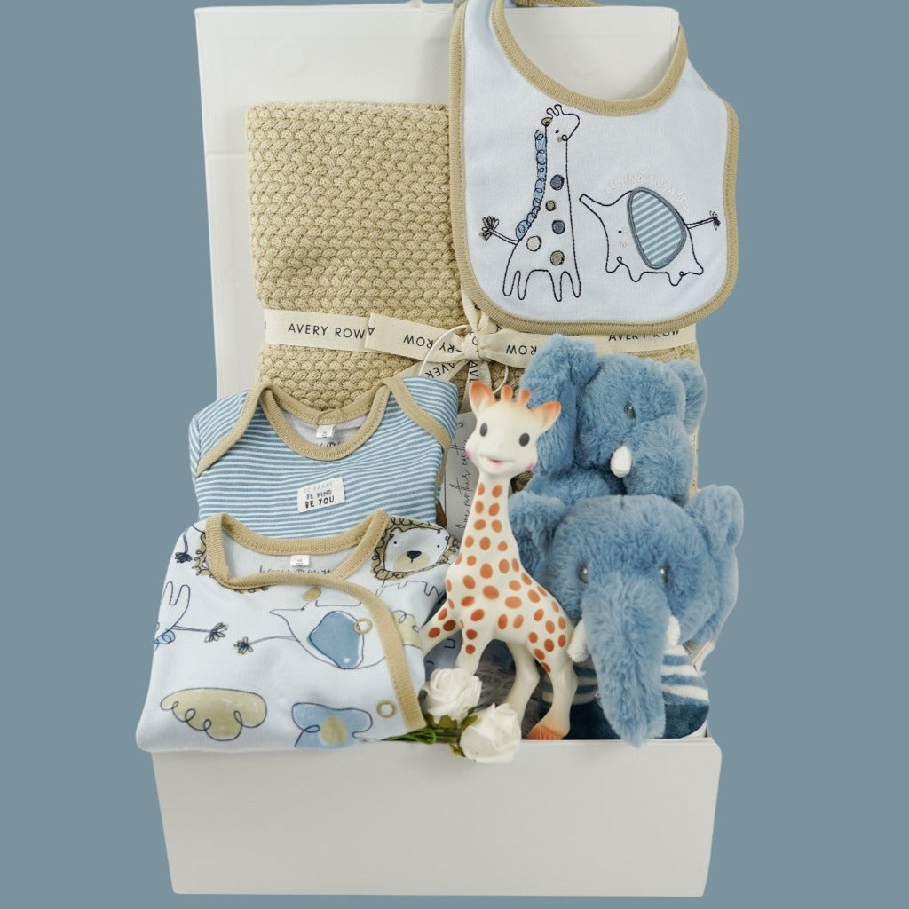 Organic baby clothing set in blue with elephants and girafees, organic heavy knit biscuit coloured baby blanket, soft eco friendly soft elephant and matching rattle in blue, sophie la girafee rubber teething toy