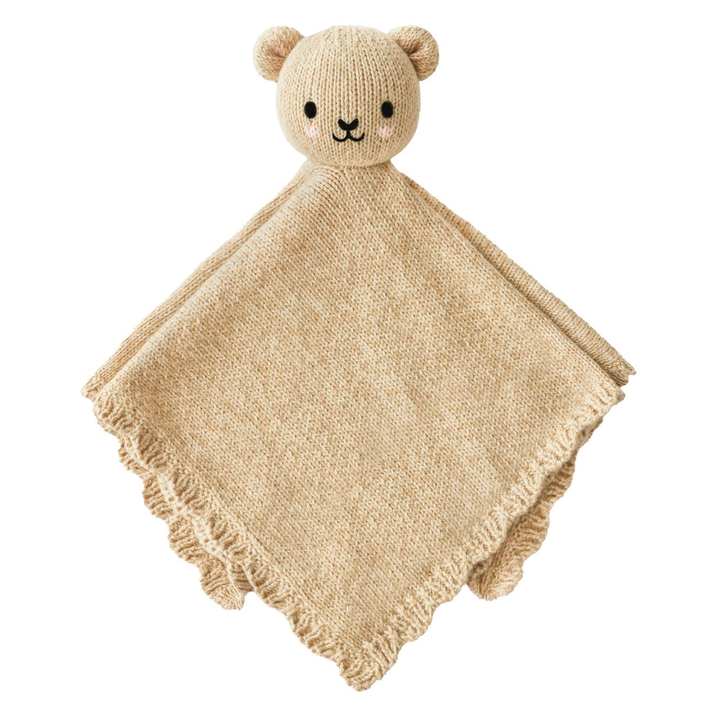 hony coloured baby bear organic hand knitted comforter 