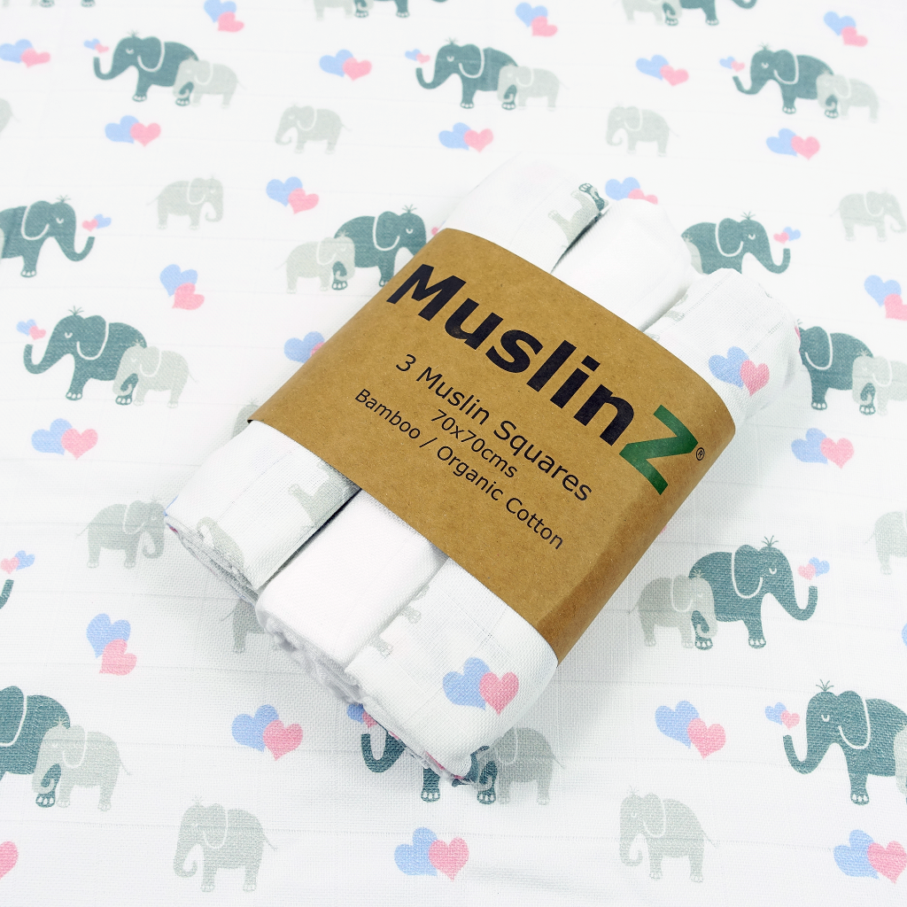 Bamboo, organic cotton 3 pack of baby muslin squares, one white and two with grey elephants and pink and blue hearts