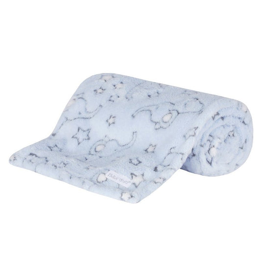 Pale blue baby blanket with grey elephants and white stars