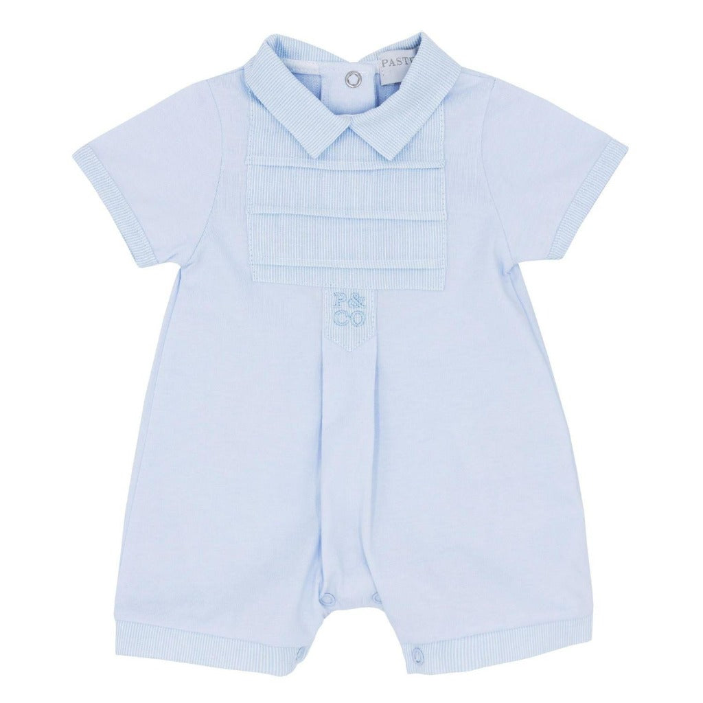 Blue and white baby stiped romper with a collar 