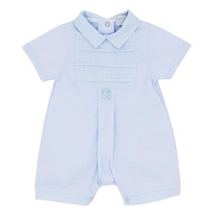 Blue and white baby stiped romper with a collar 
