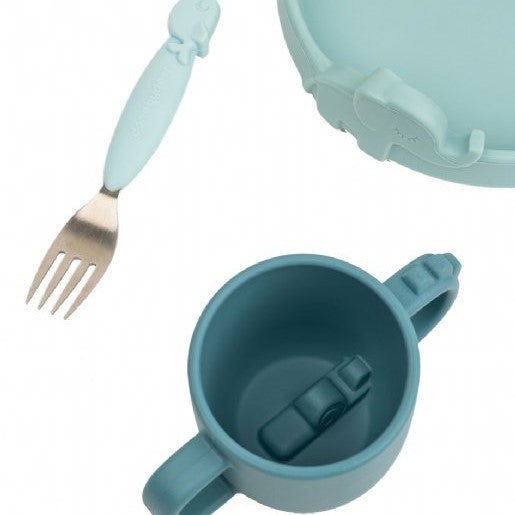 Silicone baby bowl with elephant, silicone baby mug with double handle and fork with silicone handle in blue