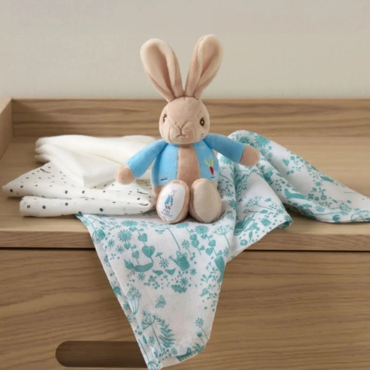 Gift set with soft toy and  three baby muslins in a Peter Rabbit in gift 