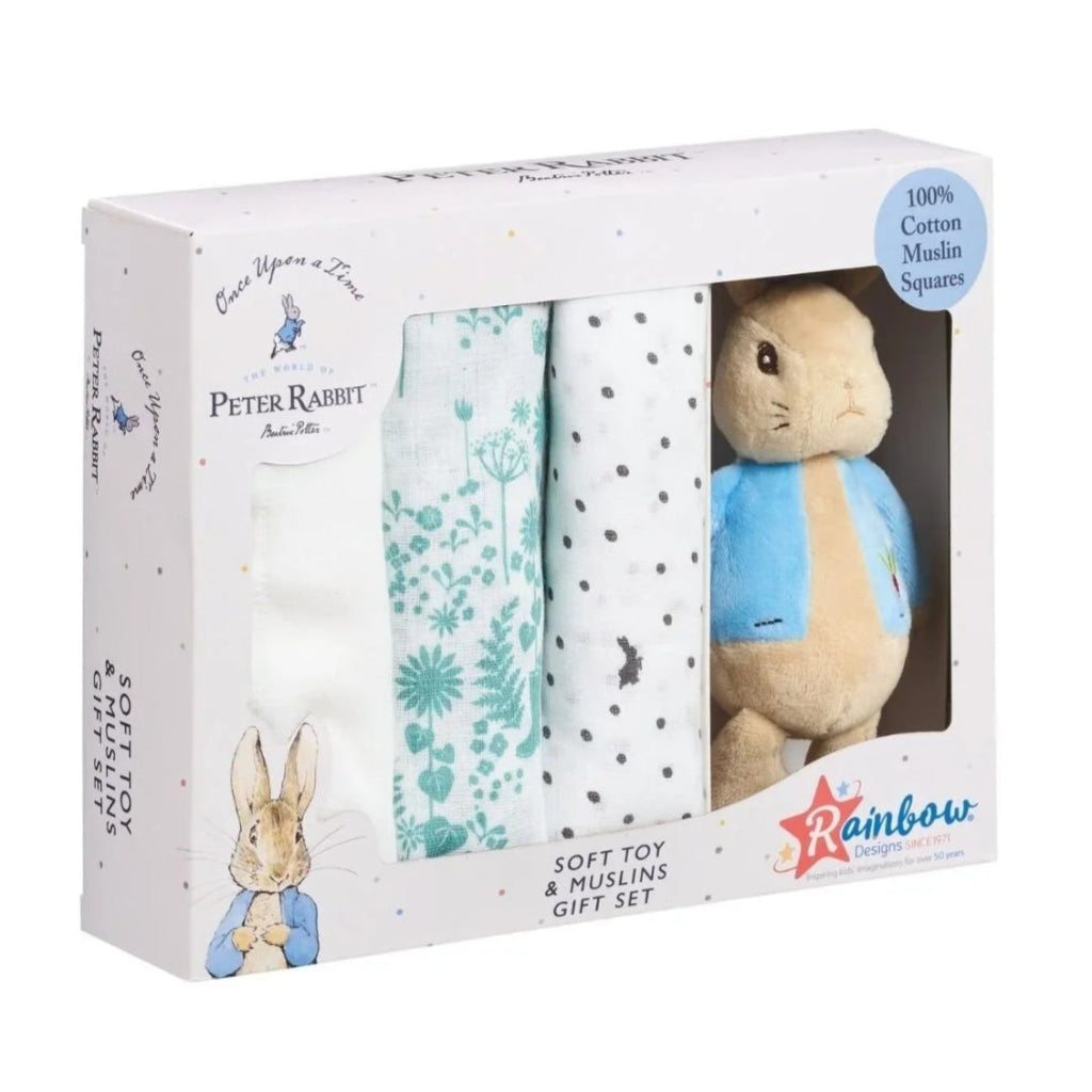 Gift set with soft toy and  three baby muslins in a Peter Rabbit in gift 