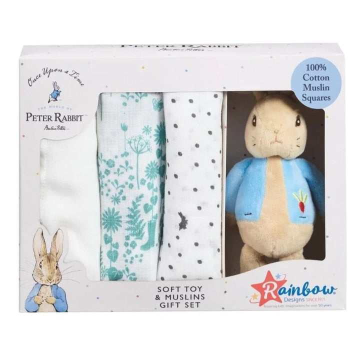 Gift set with soft toy and  three baby muslins in a Peter Rabbit in gift packaging 