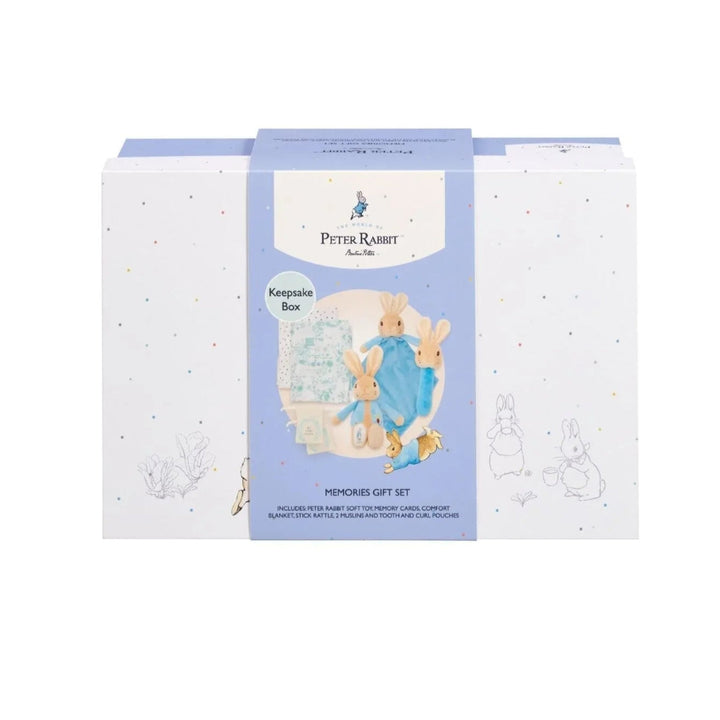 Peter rabbit gift keepsake box full of peter rabbit gifts including a blue peter rabbit comforter, soft toy and rattle, peter rabbit milestone cards 