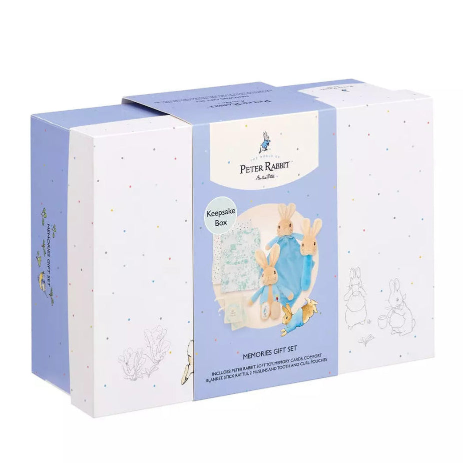 peter rabbit gift keepsake box full of peter rabbit gifts including a blue peter rabbit comforter, soft toy and rattle, peter rabbit milestone cards 