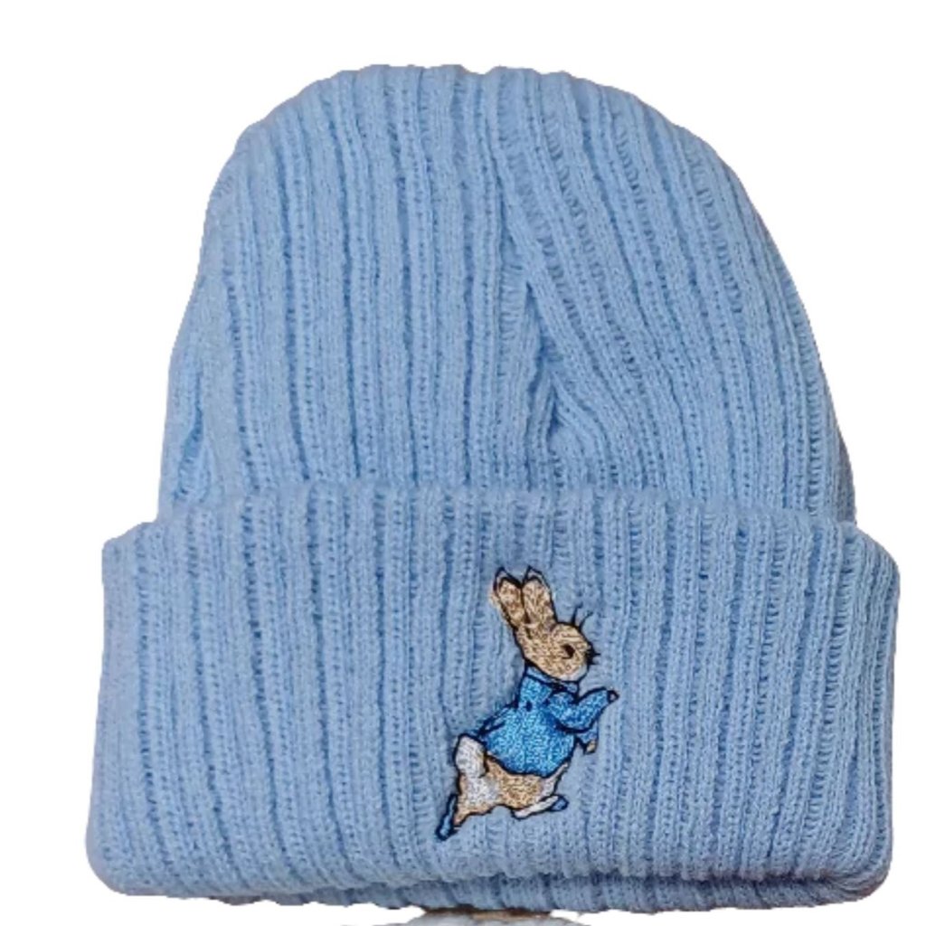 blue knit beanie hat with Peter rabbit embroidered