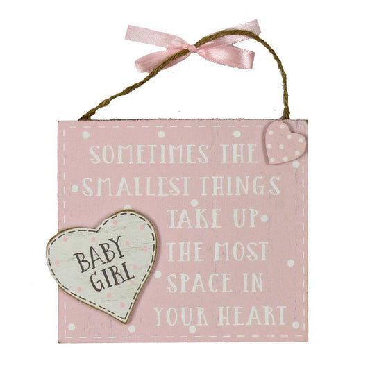 pink hanging nursery plaque with baby girl in a wooden hear and writing 'sometimes the smallest things ....