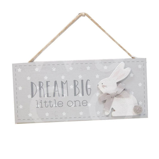 grey hanging plaque with white bunny with a ribbon writing on the plaque 'dream big little one'