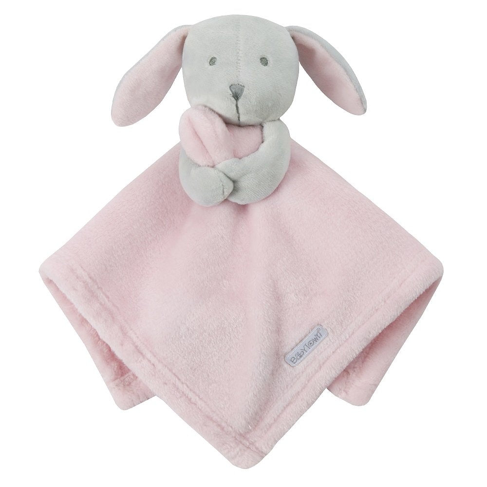 Pink comfort blanket with gray bunny toy on a white background