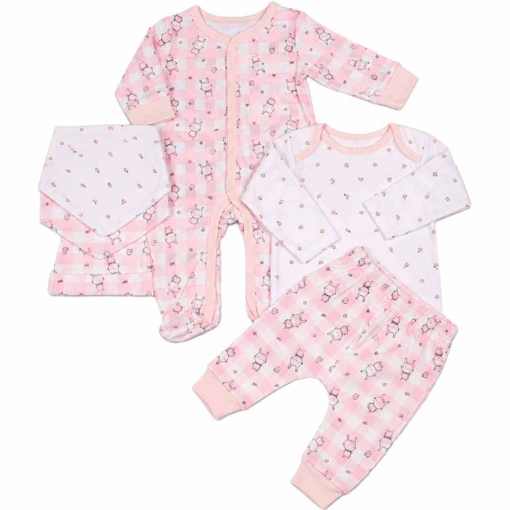 baby girl clothing set includes pink gingham check print with bunnies sleepsuit, top and matching leggings, hat and 2 bibs