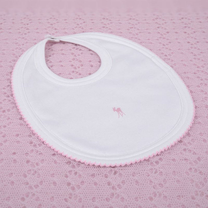 luxury white bib with pink picot edging