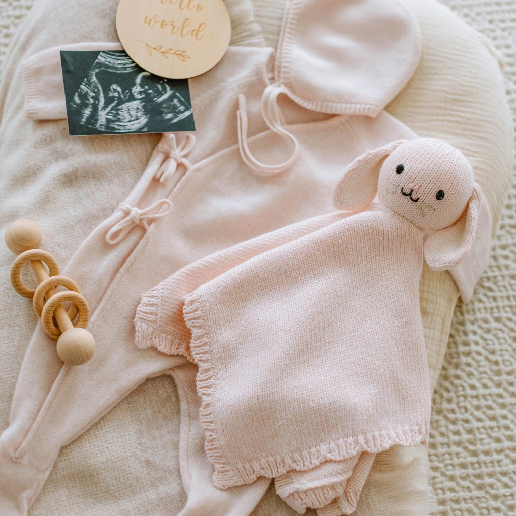 knitted pink bunny comforter 