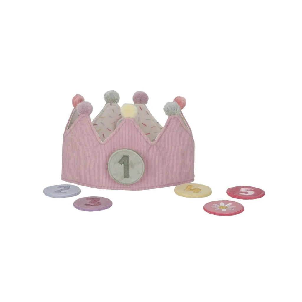 pink dressing up crown with pom poms and detachable numbers for specific birthdays