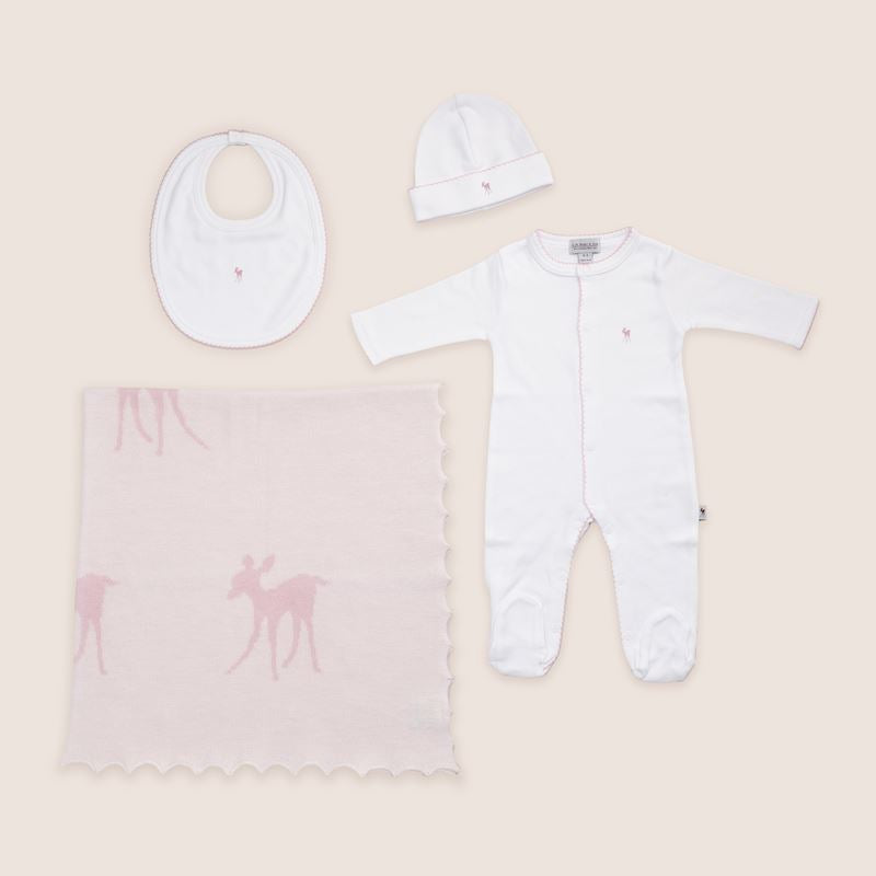 Baby luxury boxed shawl in pink with fawn and scalloped edge, white baby sleepsuit with pink picot edging and fawn, matching baby hat in white with picot edge and bib