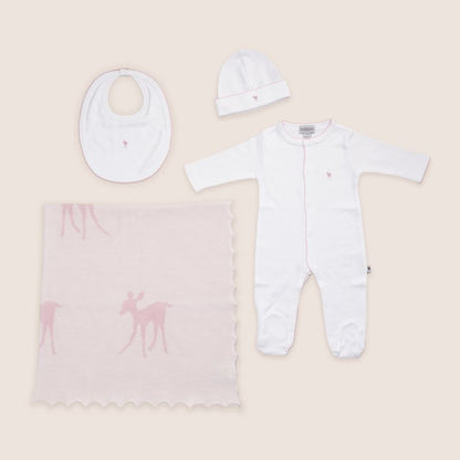 Baby luxury boxed shawl in pink with fawn and scalloped edge, white baby sleepsuit with pink picot edging and fawn, matching baby hat in white with picot edge and bib