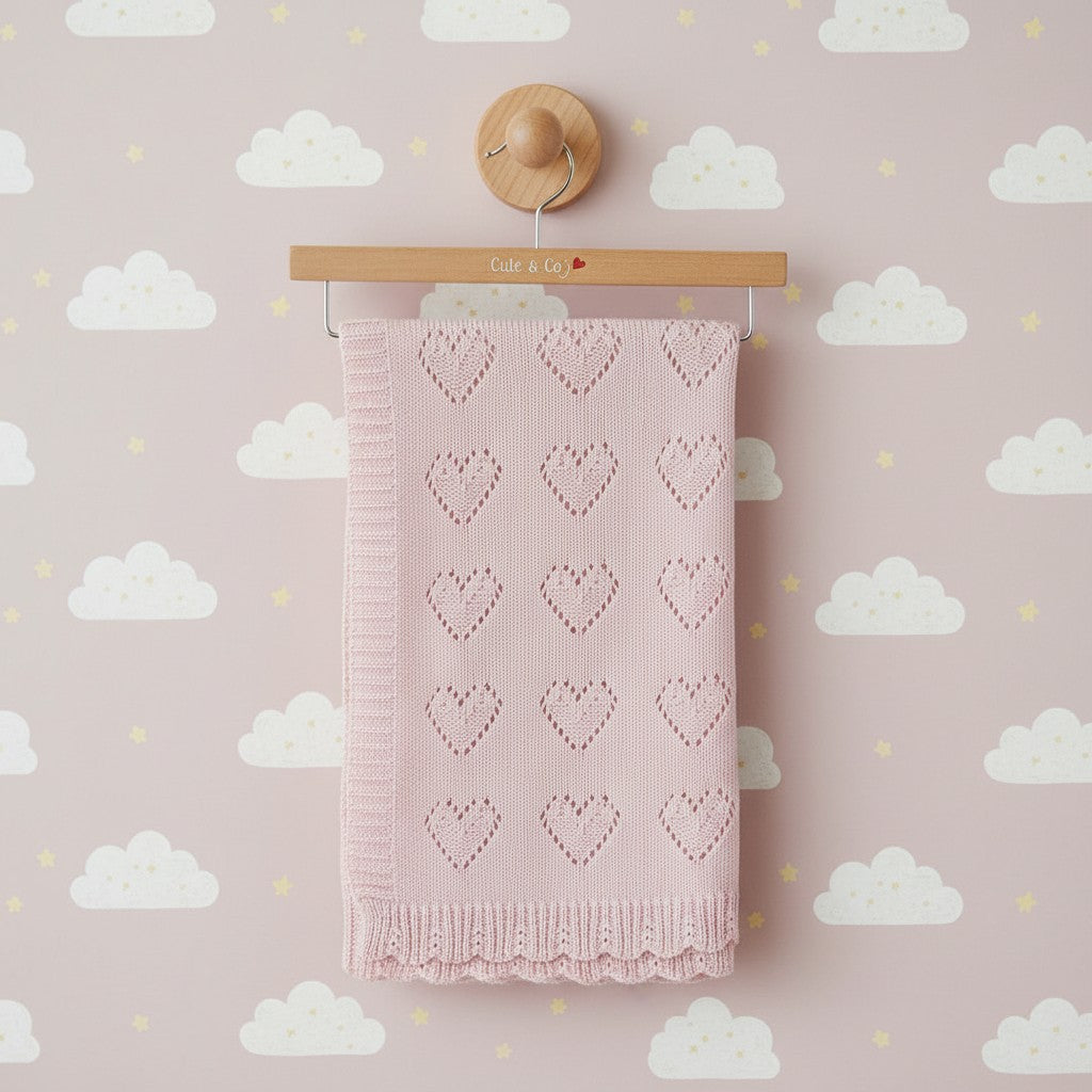 Light pink 100% cotton baby shawl with heart pointelle design 