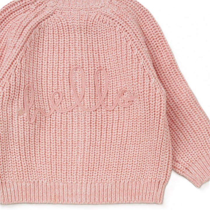 pink chuky knit baby girl jumper with hello embroidered