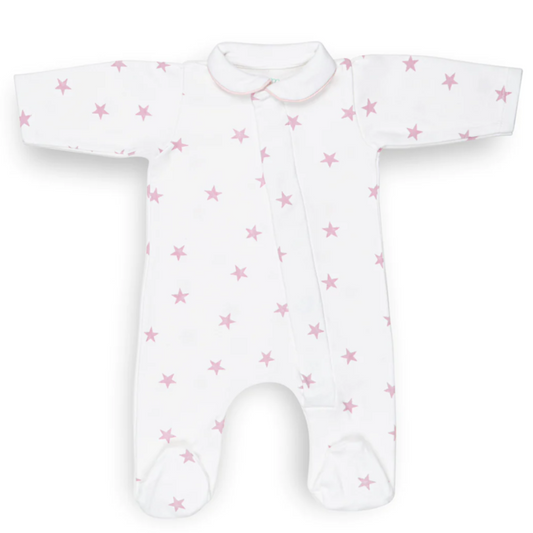 White onsie with pink stars and pink piping around the peter pan collar, magnetic closure