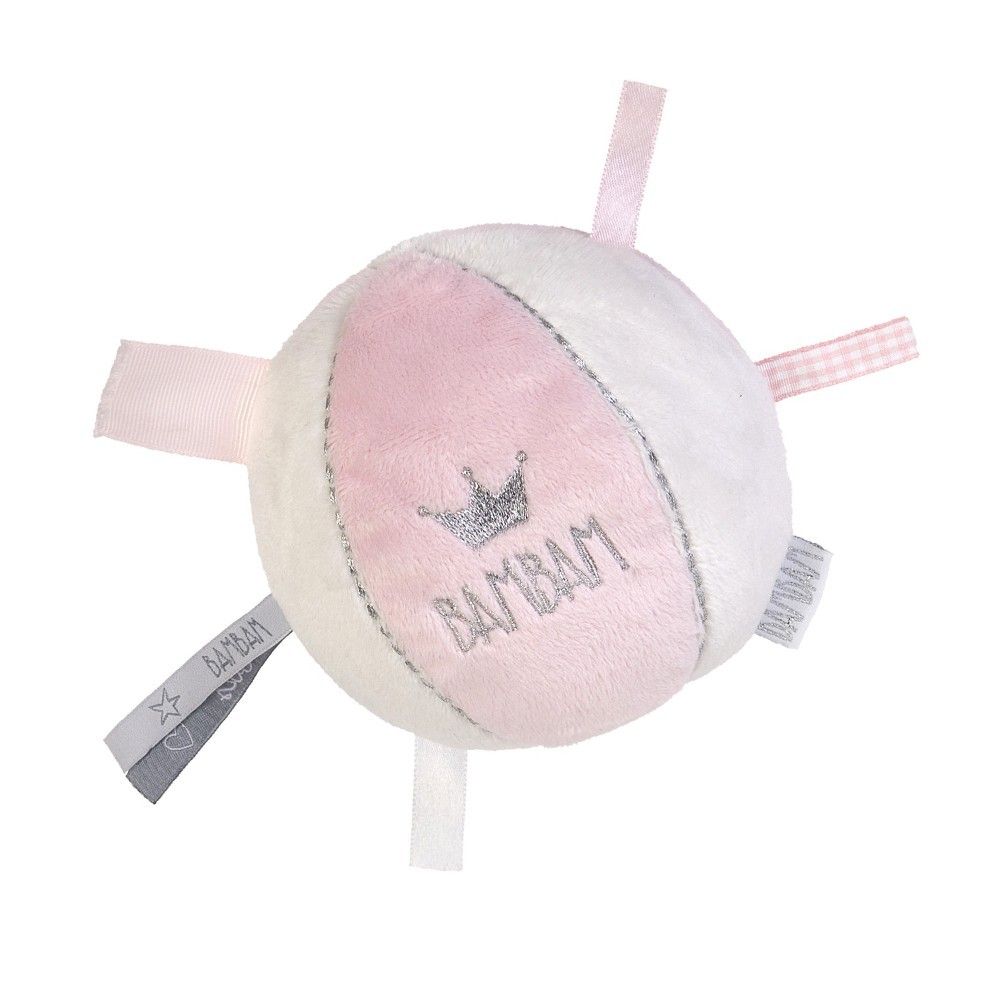 Soft pink and white baby ball with sensory taggie ribbons
