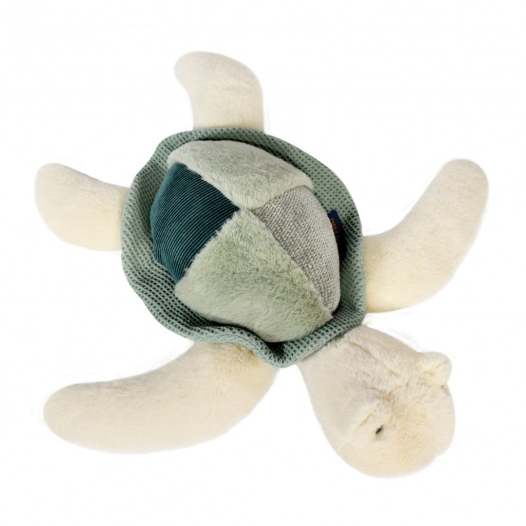 Sea turtle soft toy with sensory fabric mix on the shell, cream body with green shell 