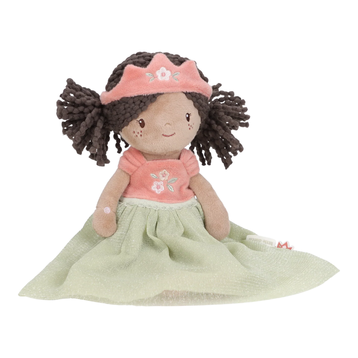 princess evi rag doll in a green dress with pink crown