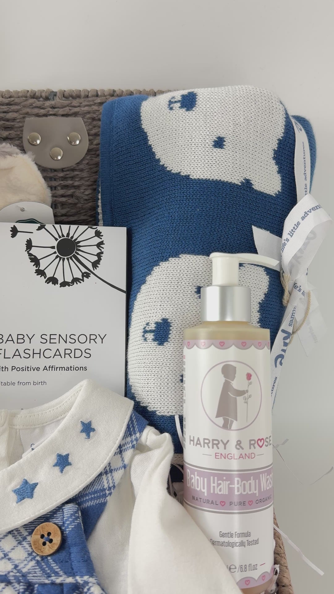 Baby Boy Gift Hamper, Organic Baby Boy Clothing Set And Organic Baby Blanket, Recycled Baby Elephant Soft Toy, Etta Loves Sensory Cards