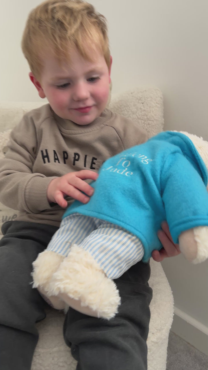 Personalised Darcy Ragtales Traditional Teddy In Blue Pyjamas