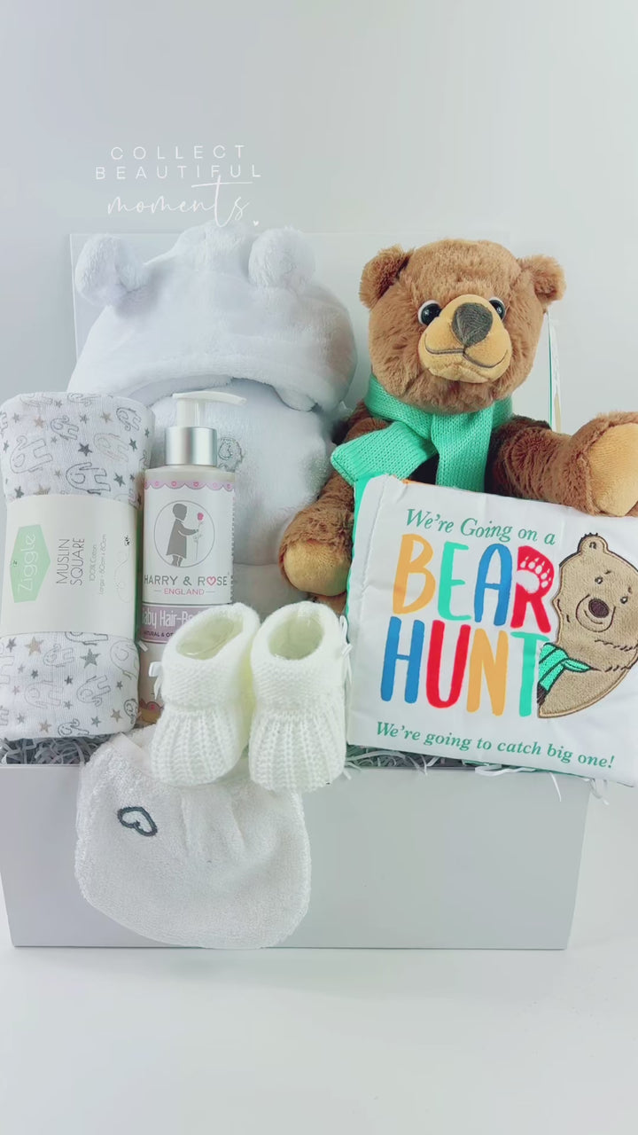 Baby Hamper We're Going On A Bear Hunt Soft Toy And Book, Personalised Gown