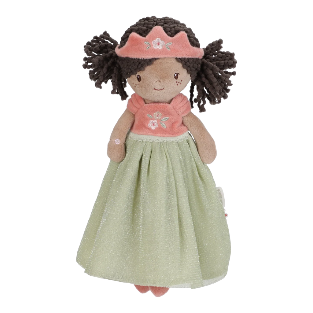 princess evi rag doll in a green dress with pink crown
