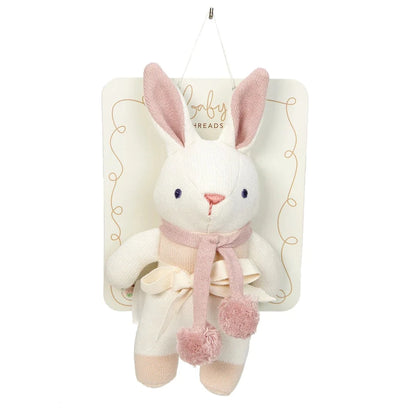 Pink and white organic knit bunny soft toy with rattle