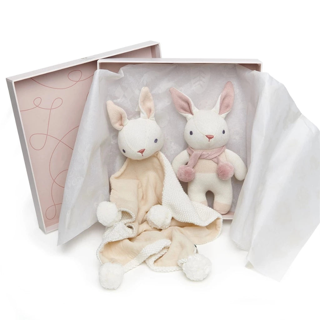 boxed baby set of cream rabbit and baby comforter