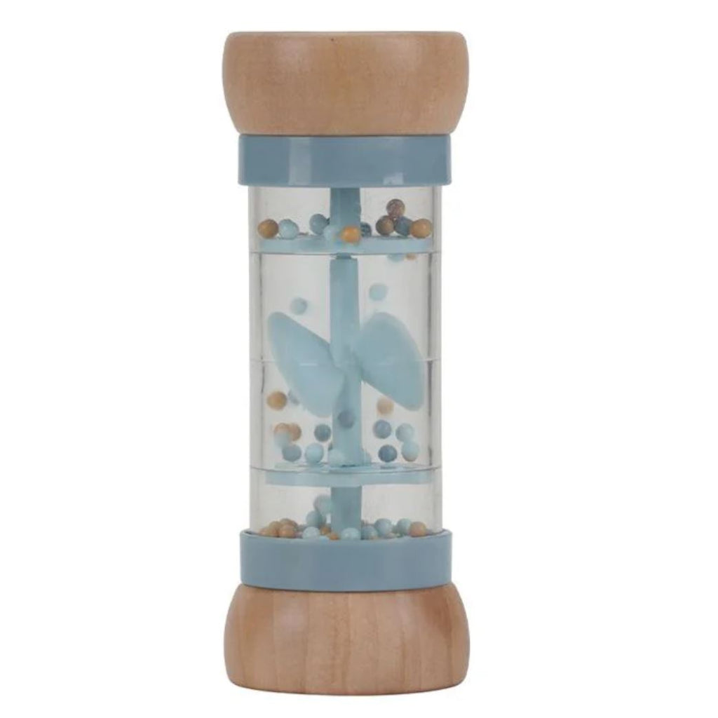 baby wooden rain  rattle in wood and blue 