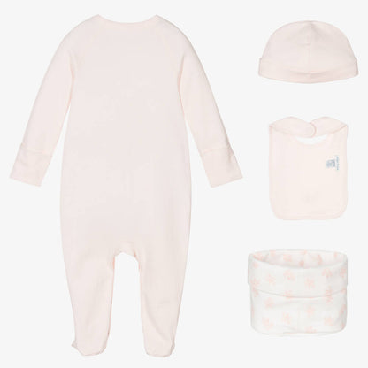 Pink baby girl sleepsuit with Ralph Lauren logo, pink baby bib with ralph lauren logo, pink organic cotton baby hat with ralph lauren logo, pink and white small basket in fabric  by Ralph Lauren