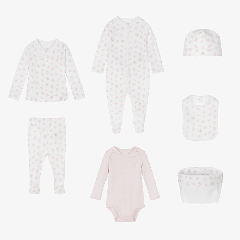 7 piece Ralph Lauren baby clothing set in white with pink flowers 