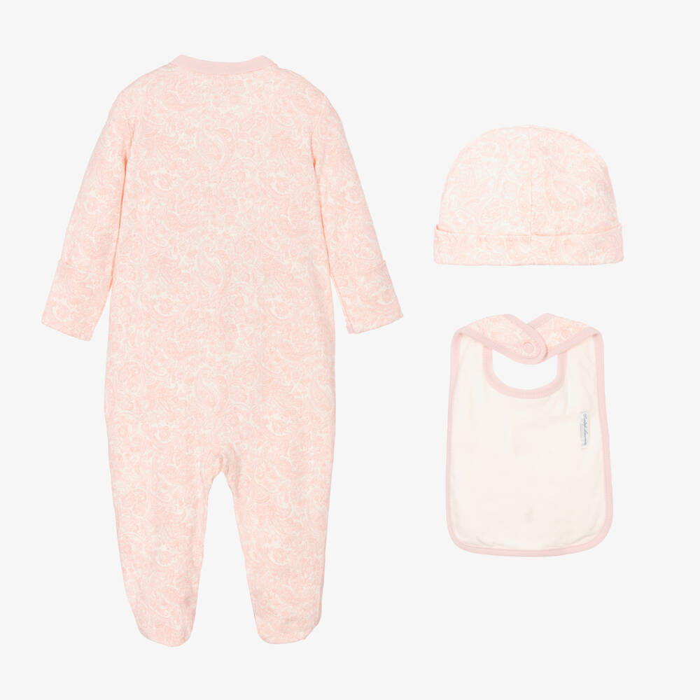 Baby sleepsuit in pink and white with matching beanie hat and bib by Ralph Lauren